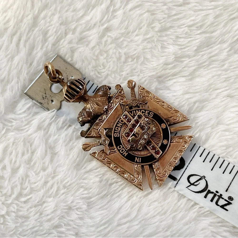 Antique 10K Gold Knights Templar Jeweled Pendant – Garnet Diamond Cross Masonic